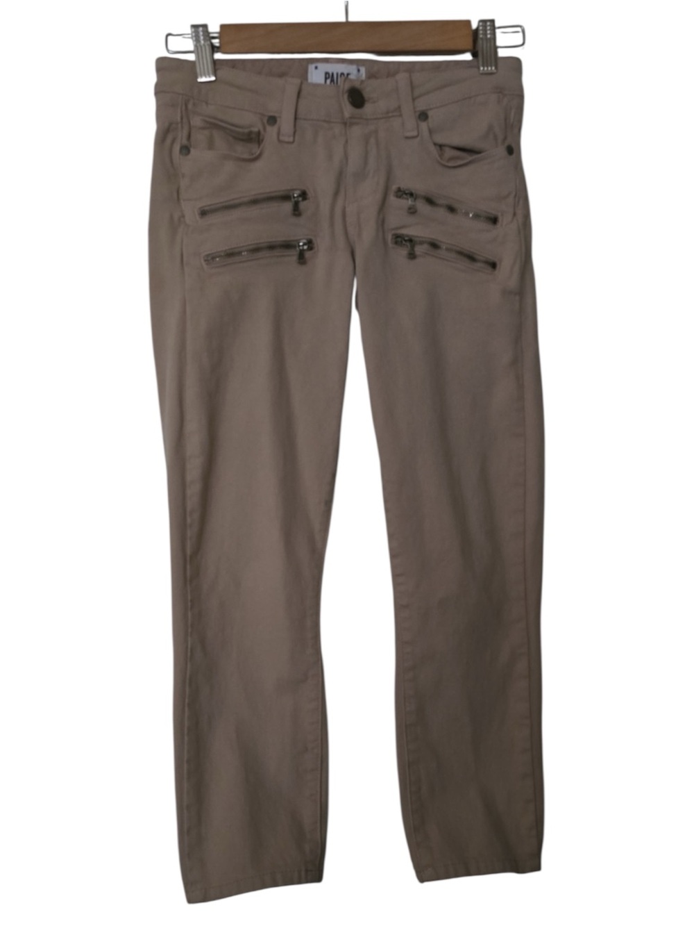PAIGE Neutral Beige Pants Silver Zipper Details women’s size 0 size 25 Edgemont